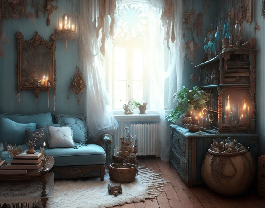 Vintage Blue Themed Room with Candlelight, Chandelier, and Antique Decor