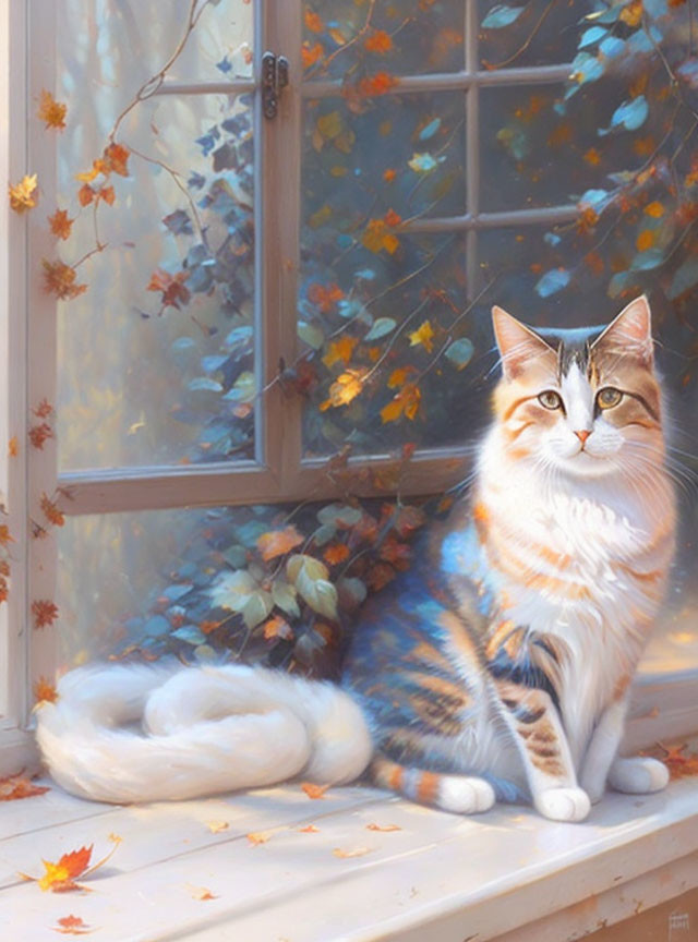 Calico cat by window with autumn leaves and sunlight.