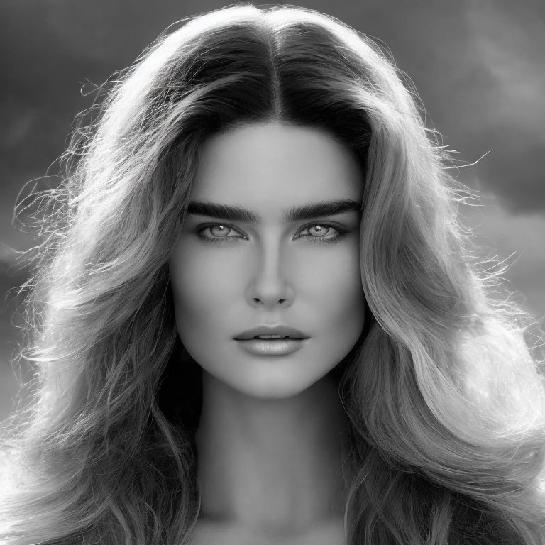 Monochrome portrait of woman with voluminous wavy hair and intense gaze