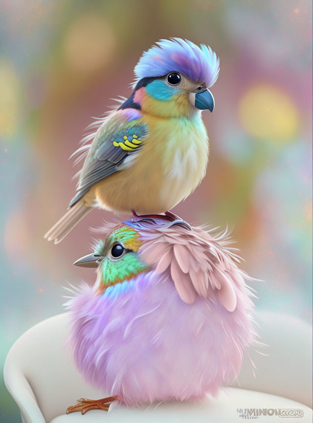 Colorful Stylized Birds with Blue Crest and Pink Tones on Bokeh Background