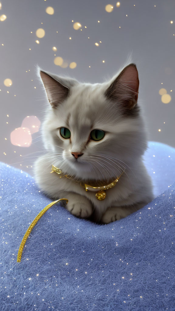 Fluffy white cat with golden collar on blue sparkly surface