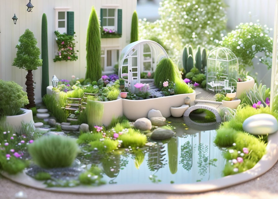 Tranquil garden pond with lush greenery and white bridge