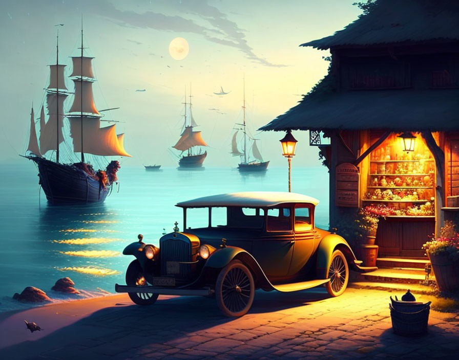 Vintage car by sea with ships, full moon, cozy cottage, warm light, flowers