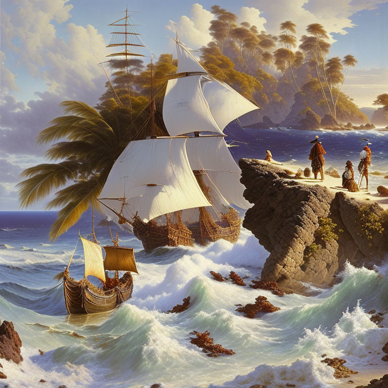 Sailing ships near tropical shoreline with people and palm trees