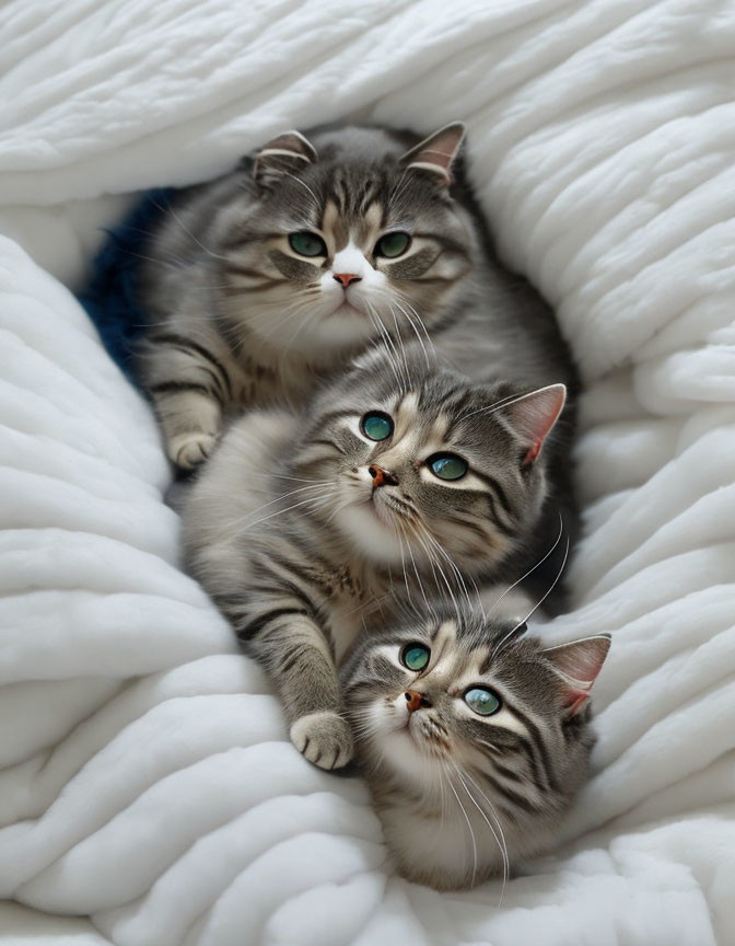 Three Cats with Striking Blue Eyes Cuddled on White Blanket