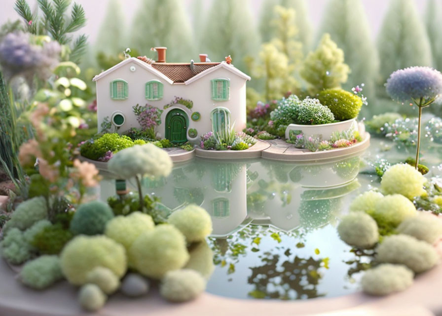 Miniature house in lush greenery with reflective pond and pastel plants