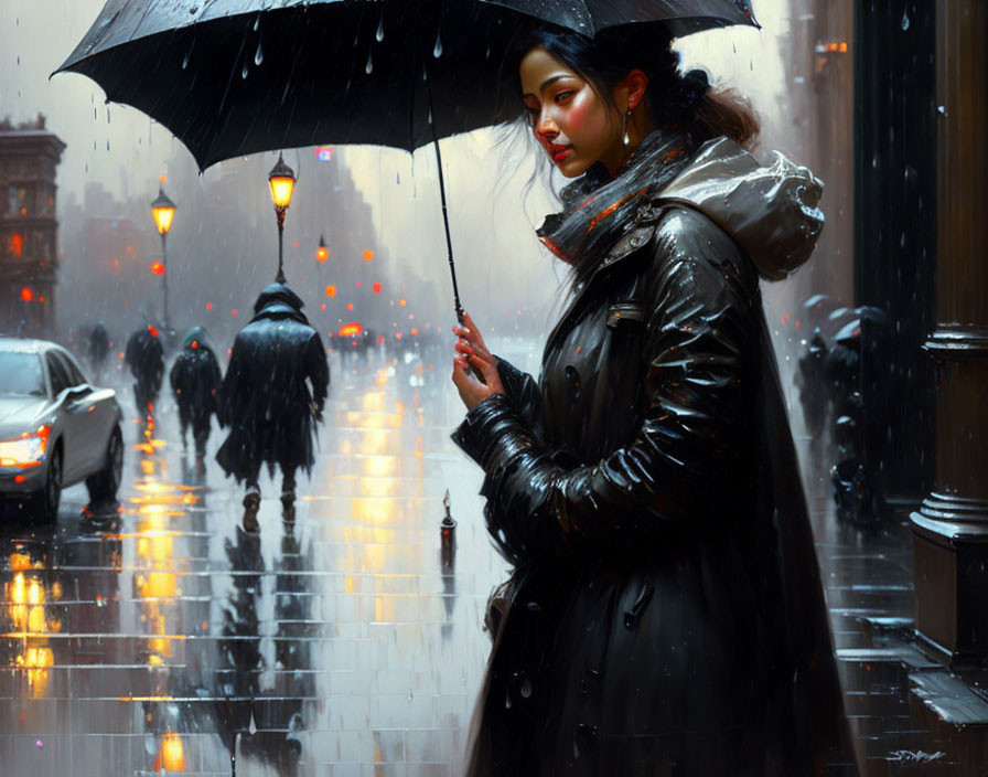 Woman under umbrella on rainy city street with glowing streetlights.