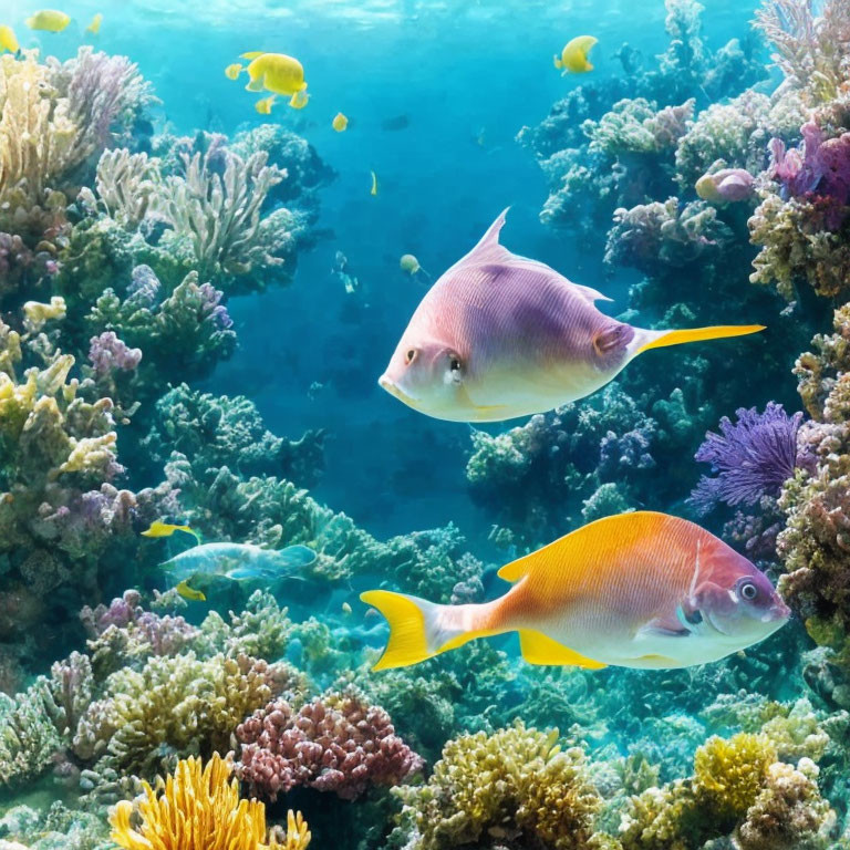 Vibrant coral reefs with colorful fish in clear underwater scene