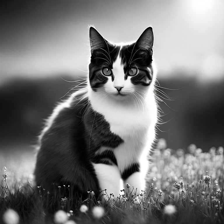 Bicolor Cat Sitting in Field with Soft-Focused Background