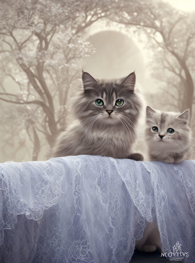 Fluffy Cats with Green Eyes on Lacy Fabric in Misty Moonlit Scene