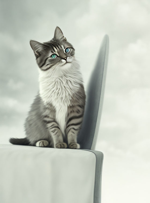 Majestic cat with blue eyes and gray stripes on white surface against cloudy sky.