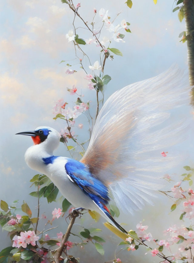 Colorful Bird Painting Perched on Branch Among Pink Blossoms