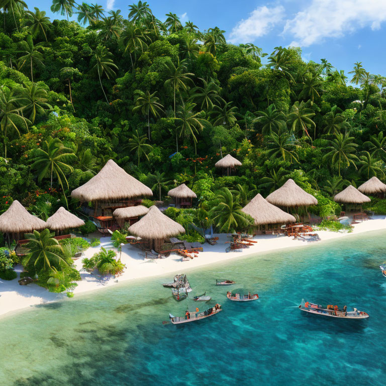 Thatched Bungalows on Sandy Beach with Boats and Lush Greenery