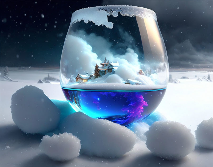 Miniature illuminated village in snow-globe-like vessel amidst wintry backdrop