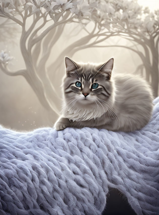 Fluffy cat with blue eyes on knitted blanket, white blossoming trees in misty background