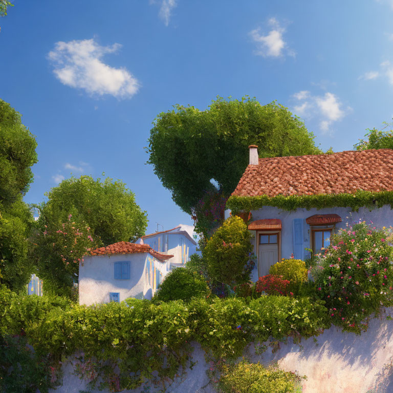 Charming white houses with terracotta roofs amid lush greenery and blooming flowers