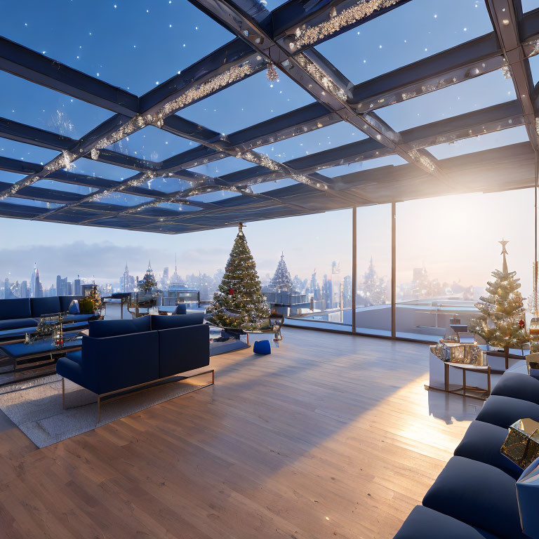 Christmas-themed modern living room with city skyline view and snowflakes décor