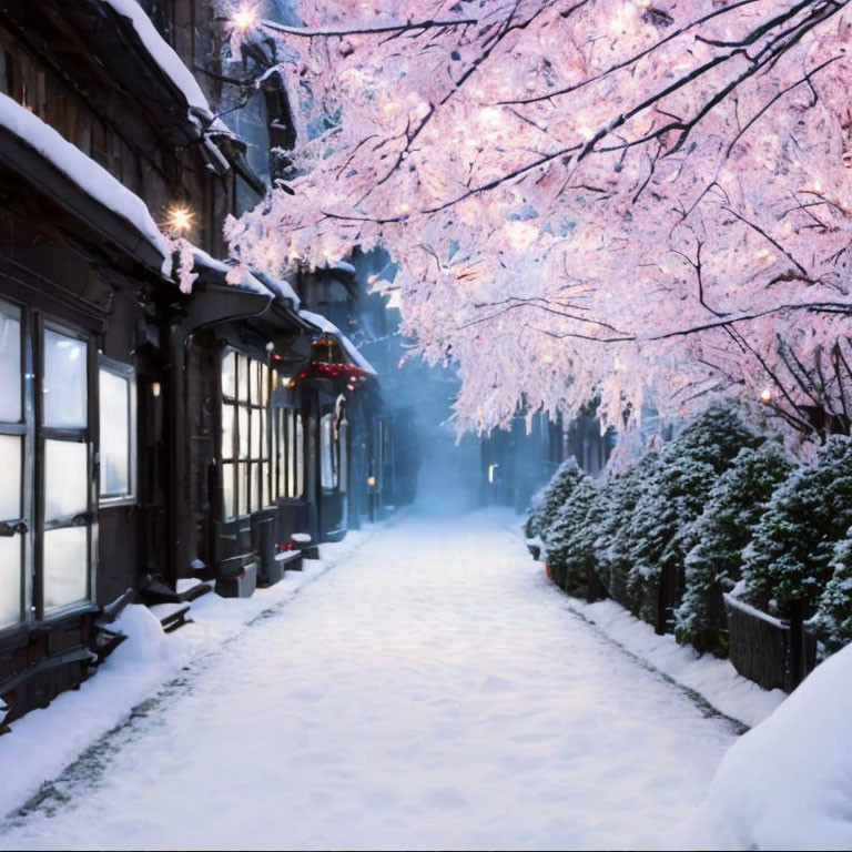 Snow-covered street with wooden buildings and cherry blossom trees in winter.