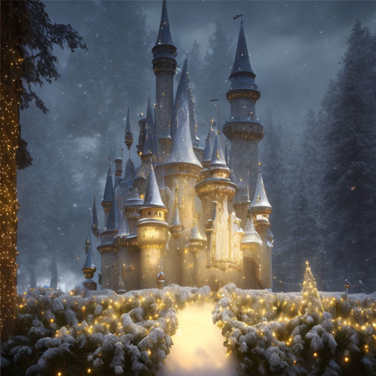 Snow-covered castle with spires in warm light amidst snowy trees