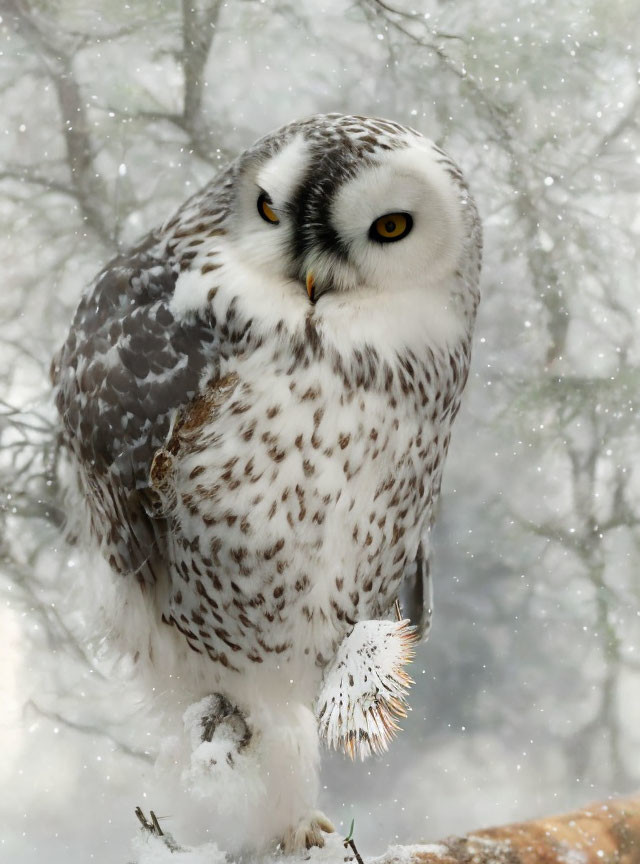 Snowy owl perched on branch in falling snowflakes