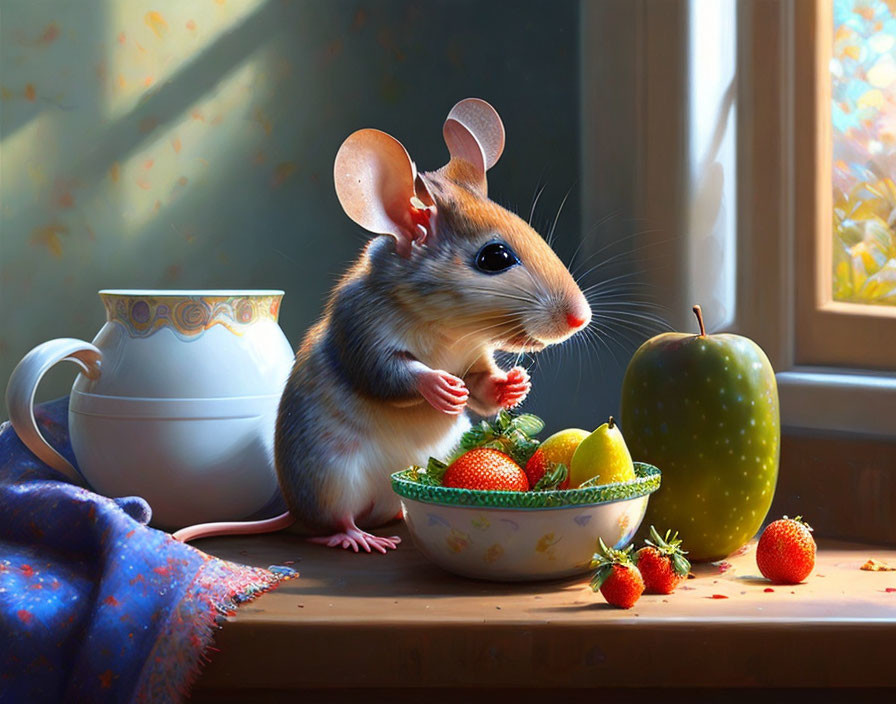 Anthropomorphic mouse with fruit bowl and teapot on windowsill