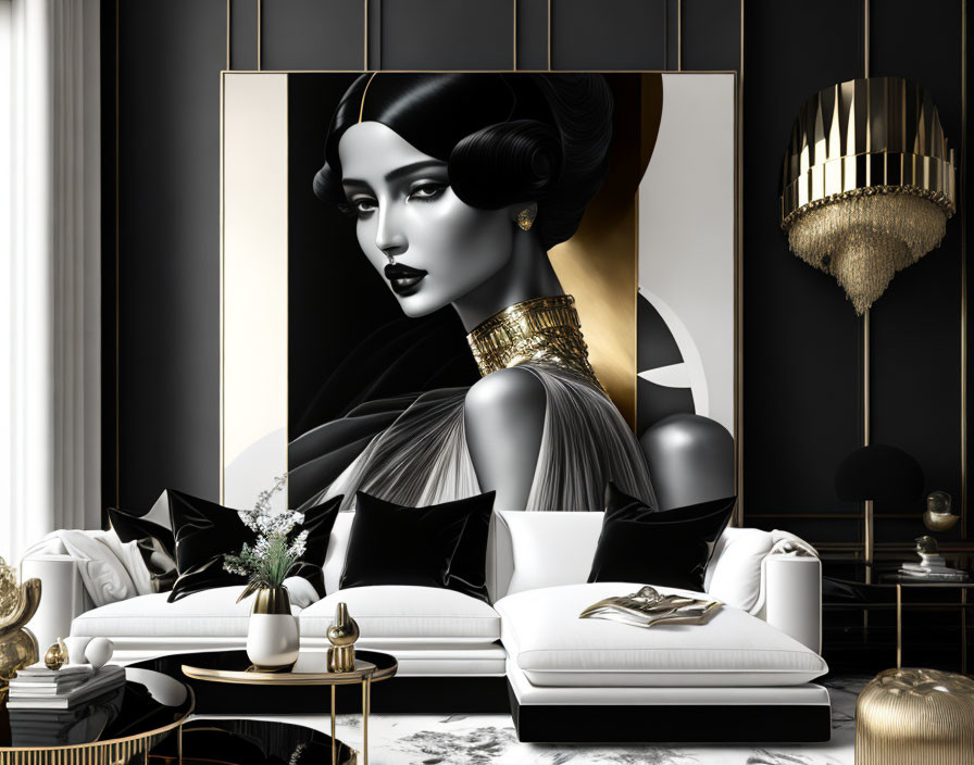 Stylish monochrome living room with art deco portrait and luxurious decor