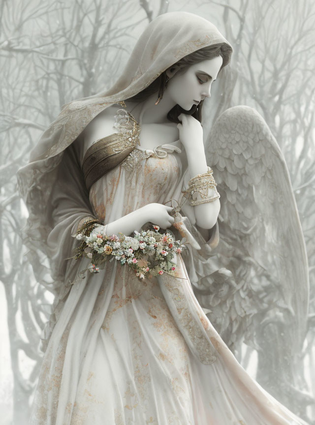 Ethereal angelic figure with white wings in snowy forest