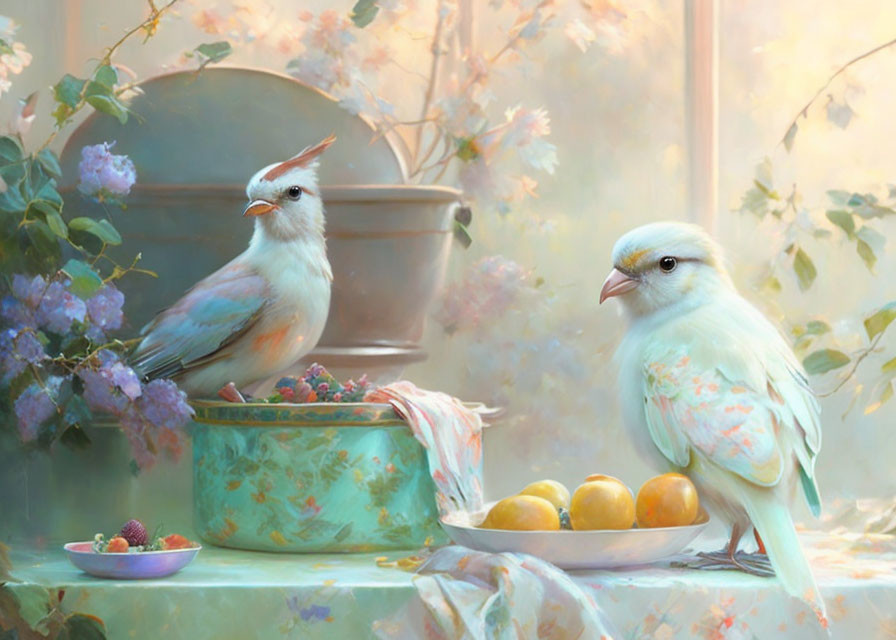 Pastel-colored birds, tin box, fruit, and floral backdrop on a table