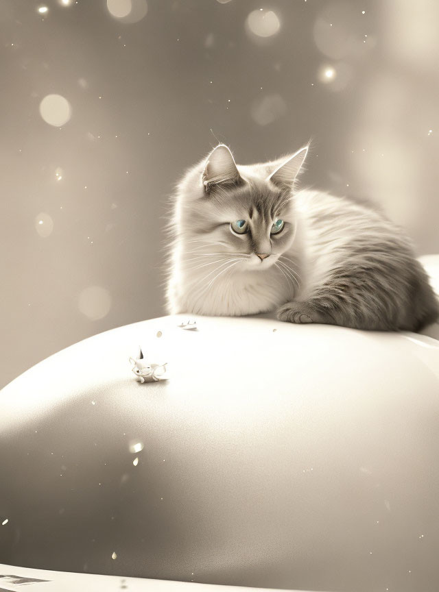 Fluffy cat with blue eyes and small white figure on curved surface