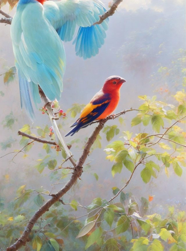 Vibrant painting of orange and blue bird on branch with flying blue and turquoise bird in lush foliage