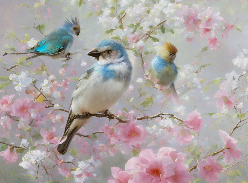 Three Bluebirds Perched Among Pink Blossoms in Misty Background