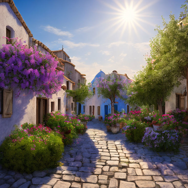 Cobblestone path to white houses with blue doors and colorful flowers