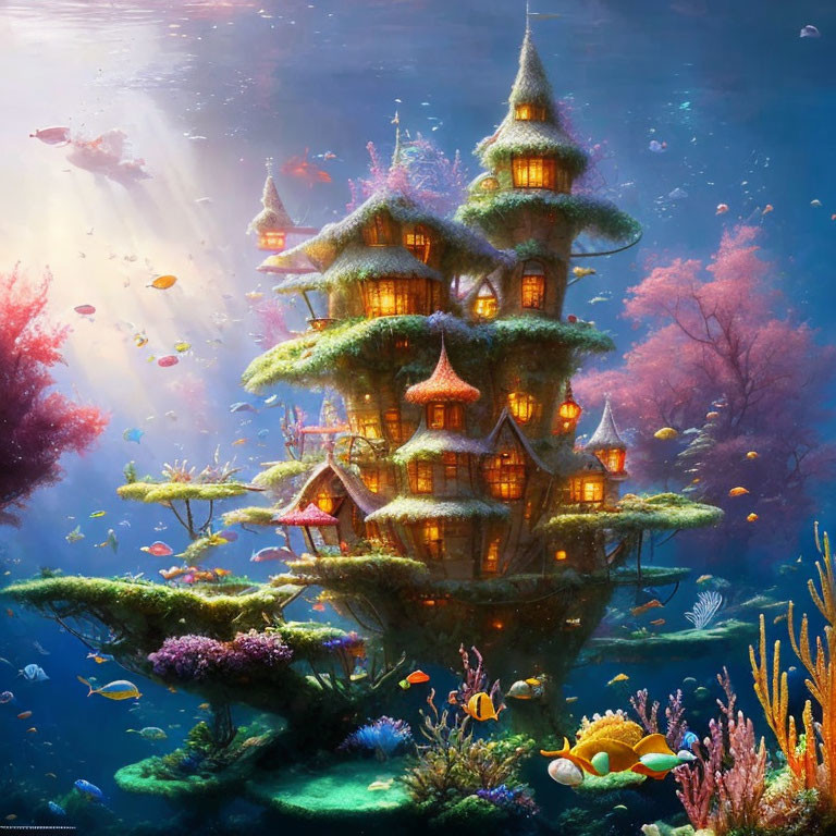 Colorful underwater scene with tree-like structure and corals