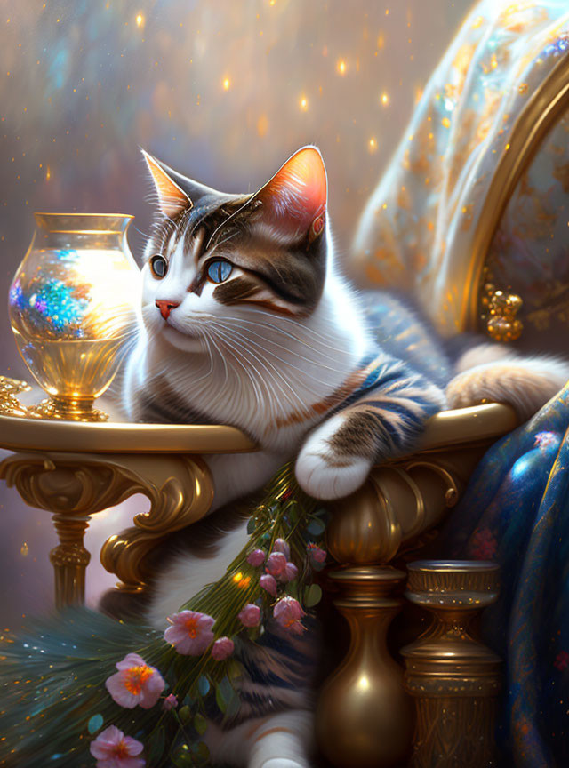 Majestic cat on ornate table with goblet and flowers in golden light