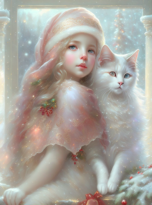 Young girl with serene expression in winter hat with white cat in snowy scene