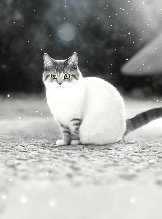 White Cat with Grey Markings and Yellow Eyes in Snowy Setting