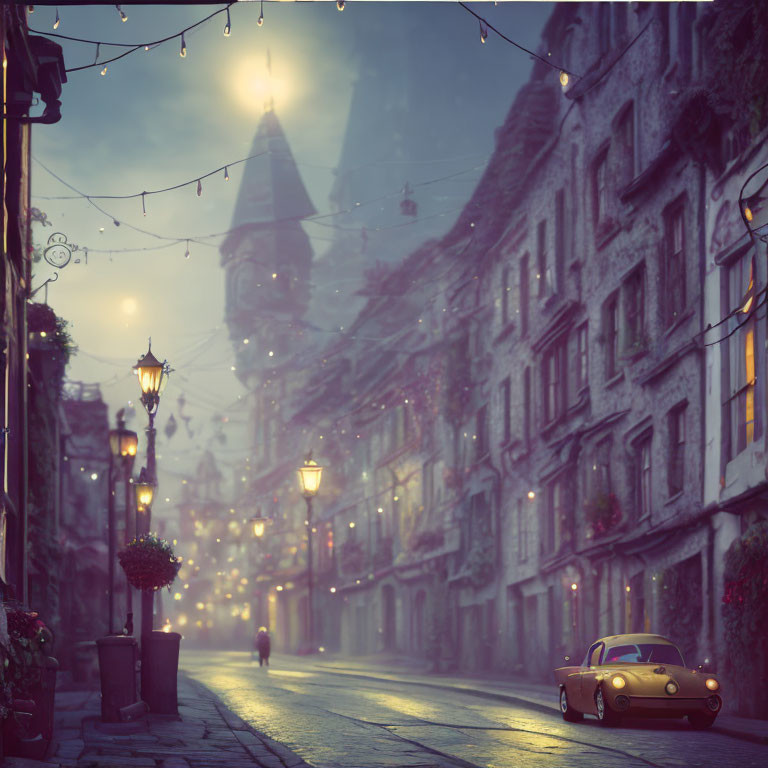 Vintage Buildings and Classic Car on Cobblestone Street at Night