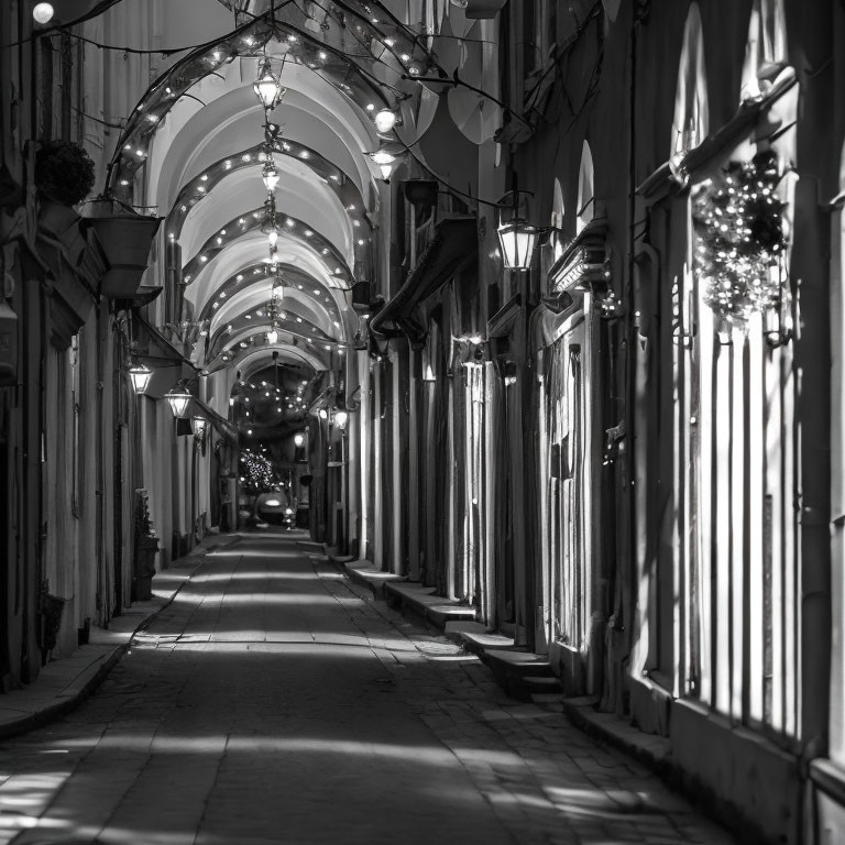 Monochrome image of narrow illuminated alleyway with arched covering and decorative lights