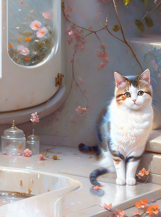 White and striped cat in sunlit bathroom with pink flowers