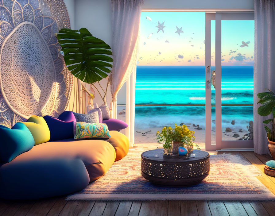 Colorful Beachfront Room with Plush Sofa and Ocean View