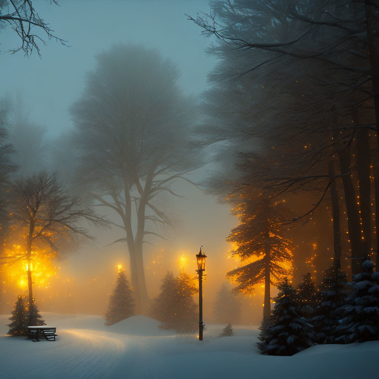 Snow-covered winter scene at dusk with glowing street lamps and warm lights