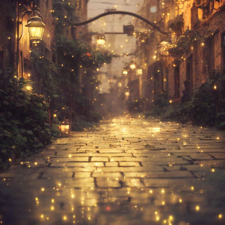 Enchanting cobblestone alley with warm lights and lanterns