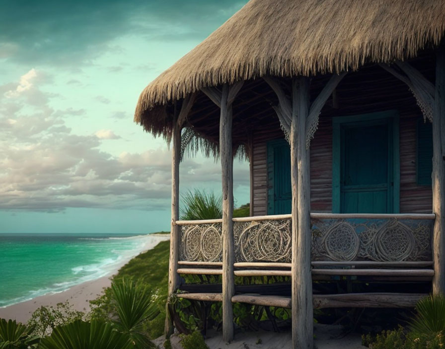 Thatched Roof Seaside Hut on Tranquil Beach