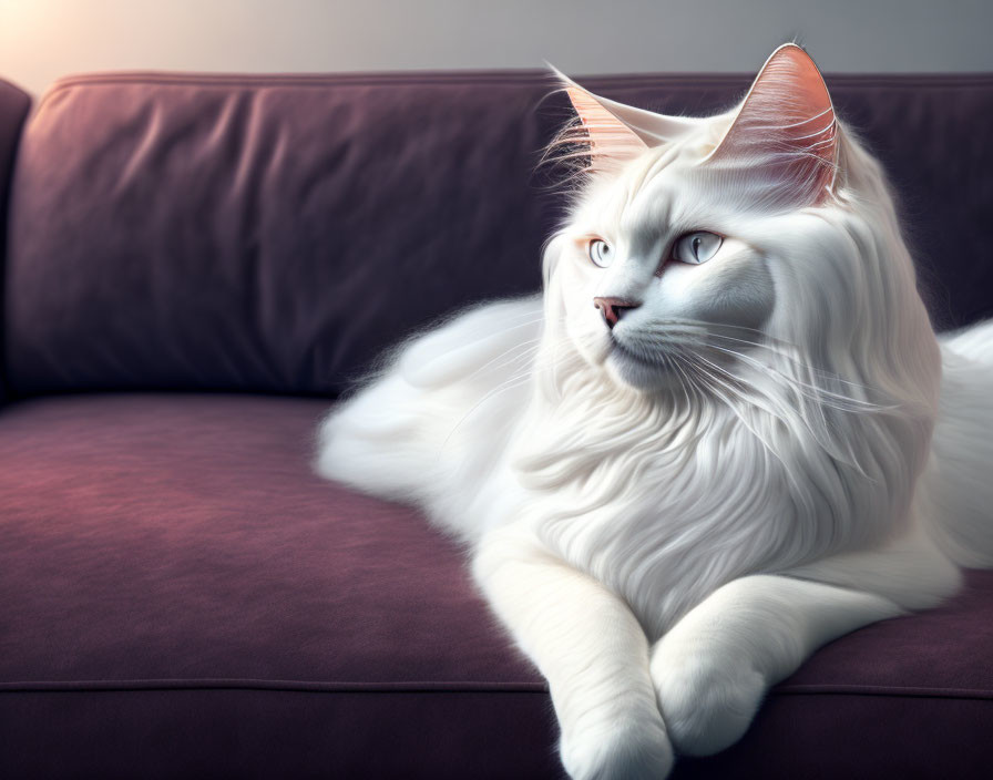 White Long-Haired Cat with Blue Eyes on Burgundy Couch