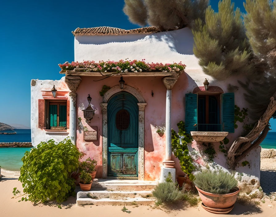 Charming Pink House by Turquoise Sea and Tree