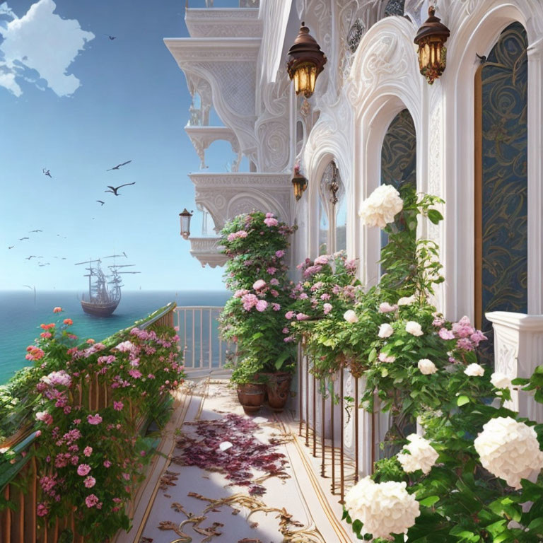 Tranquil balcony with roses, sea view, sailing ship, and blue sky