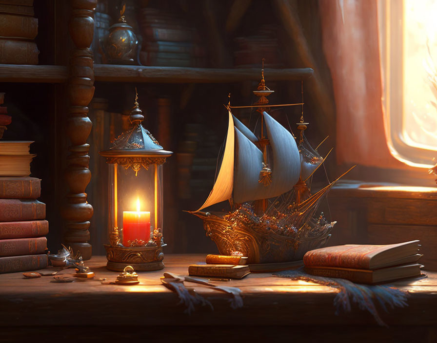 Miniature ship model, lantern, books, quill on sunlit desk