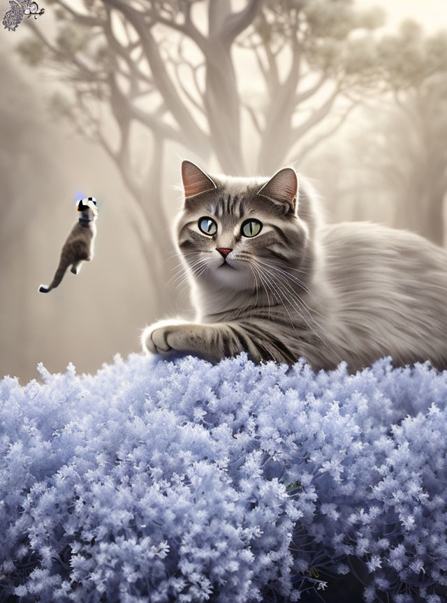 Fluffy cat lounging on purple flowers with small cat playing in misty forest