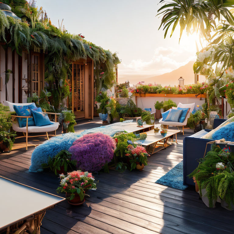 Sunset rooftop terrace with lush plants, flowers, seating, mountain view