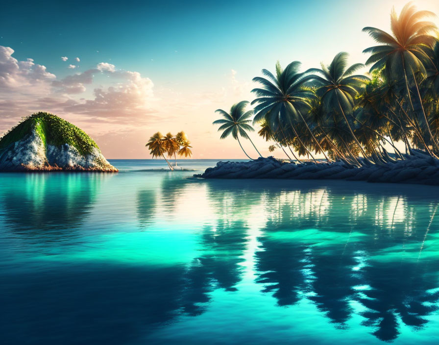 Sunlit Island with Palm Trees and Blue Waters at Dawn or Dusk